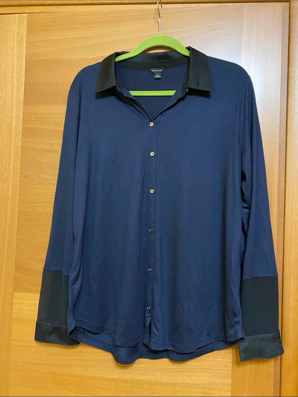 Ann Taylor Navy Blue Button-Up Blouse with Black Collar and Cuffs